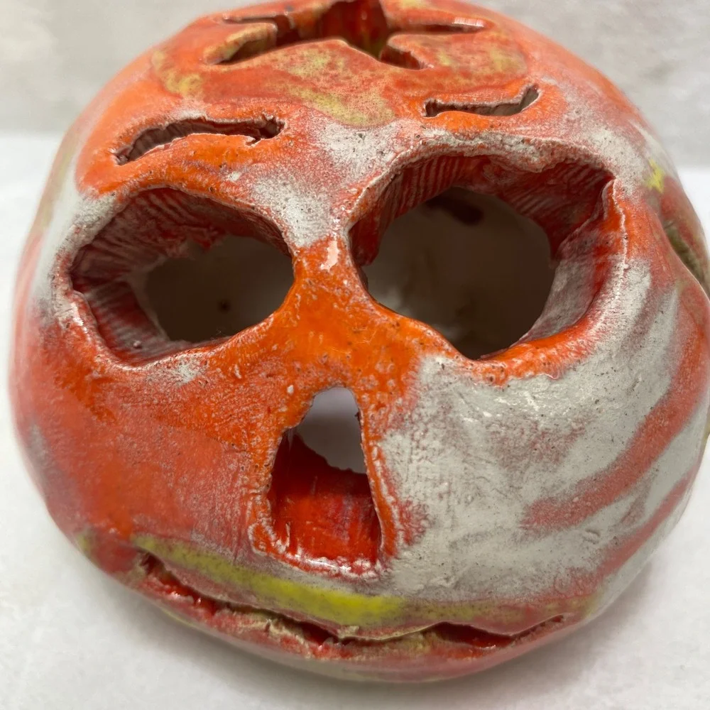 Handmade‎ Ceramic Ugly Face Jack-O-Lantern  Candle Holder Orange Glazed Folk Art